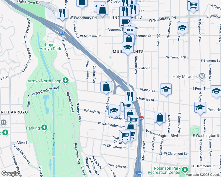map of restaurants, bars, coffee shops, grocery stores, and more near 1620 Forest Avenue in Pasadena