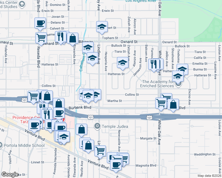 map of restaurants, bars, coffee shops, grocery stores, and more near 5729 Bertrand Avenue in Los Angeles