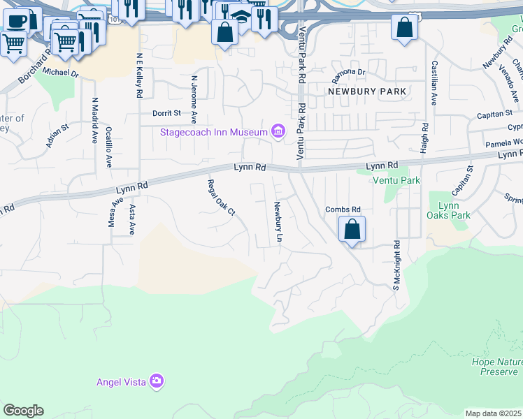 map of restaurants, bars, coffee shops, grocery stores, and more near 185 Timber Road in Thousand Oaks