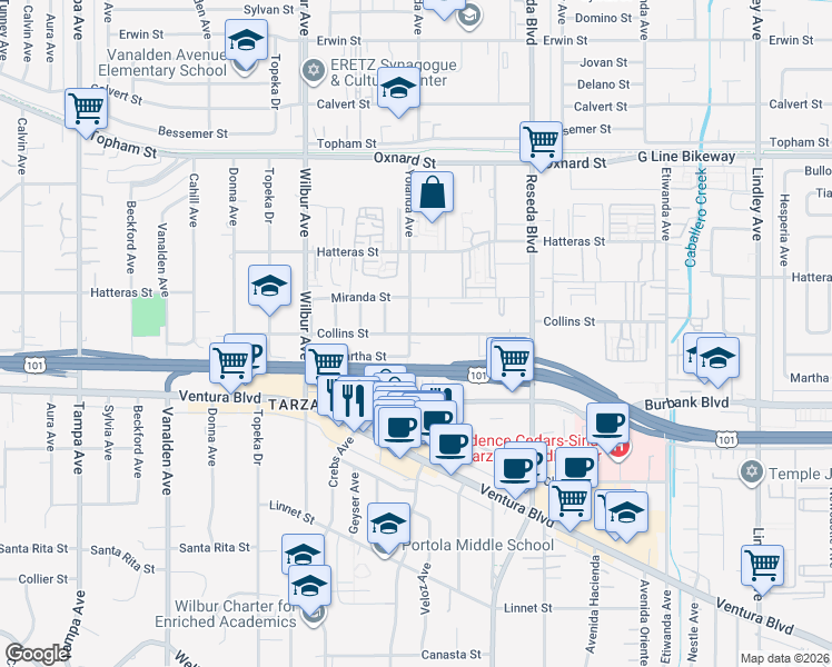 map of restaurants, bars, coffee shops, grocery stores, and more near Collins Street in Los Angeles