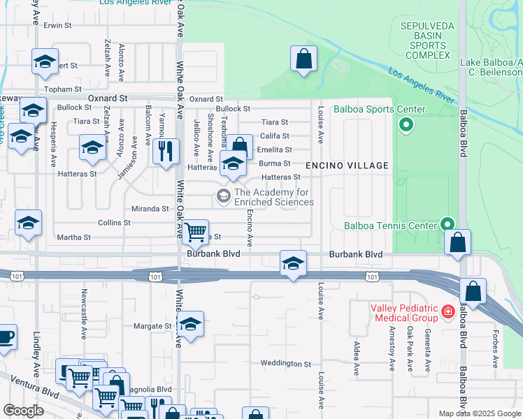 map of restaurants, bars, coffee shops, grocery stores, and more near 17400 Miranda Street in Los Angeles