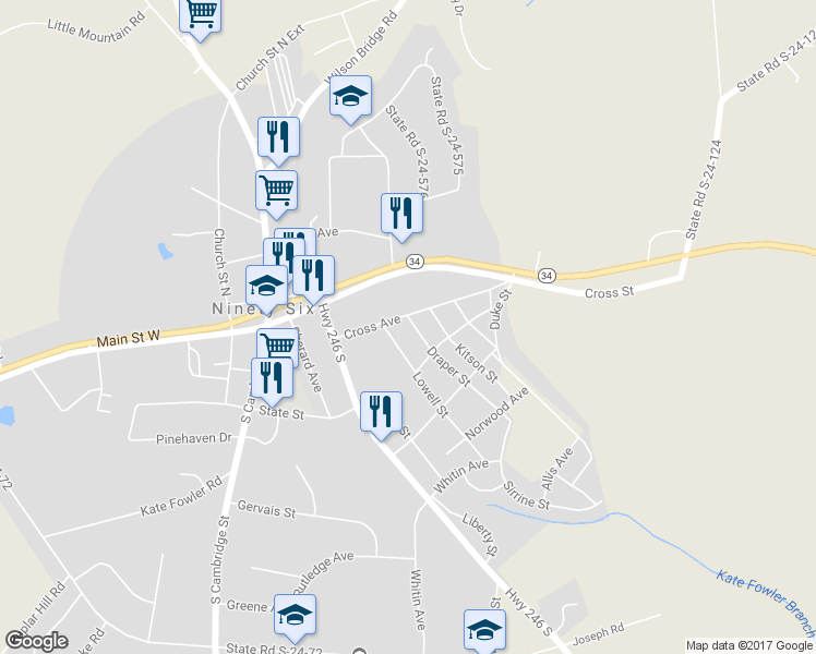 map of restaurants, bars, coffee shops, grocery stores, and more near 90 Draper Street in Ninety Six