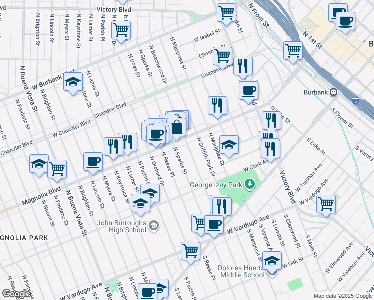 map of restaurants, bars, coffee shops, grocery stores, and more near 425 North Beachwood Drive in Burbank