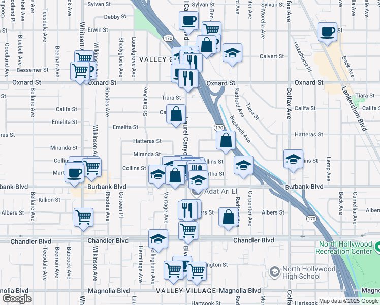 map of restaurants, bars, coffee shops, grocery stores, and more near 5726 Laurel Canyon Boulevard in Los Angeles