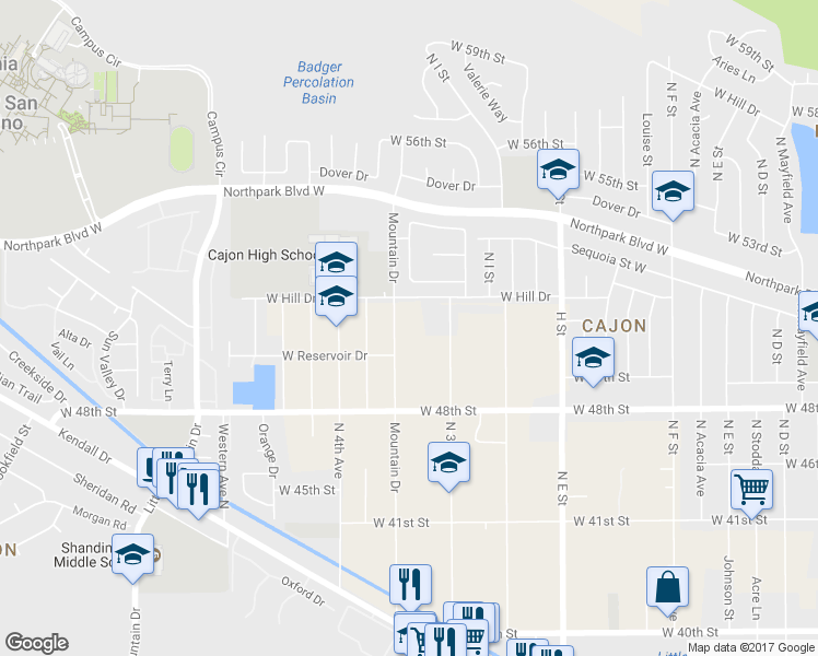 map of restaurants, bars, coffee shops, grocery stores, and more near 4281 Mountain Drive in San Bernardino County
