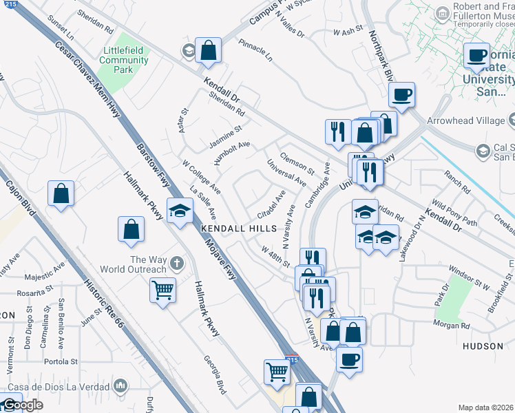 map of restaurants, bars, coffee shops, grocery stores, and more near 5051 Auburn Avenue in San Bernardino