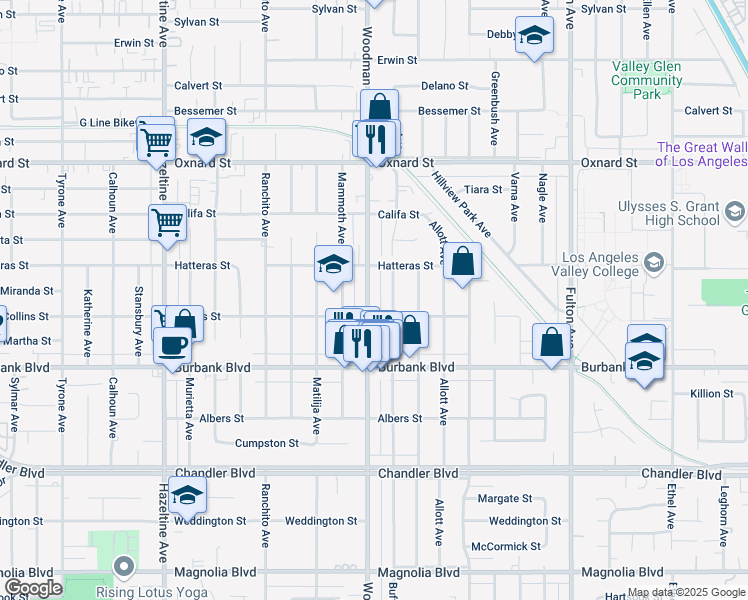 map of restaurants, bars, coffee shops, grocery stores, and more near 5718 Woodman Avenue in Los Angeles