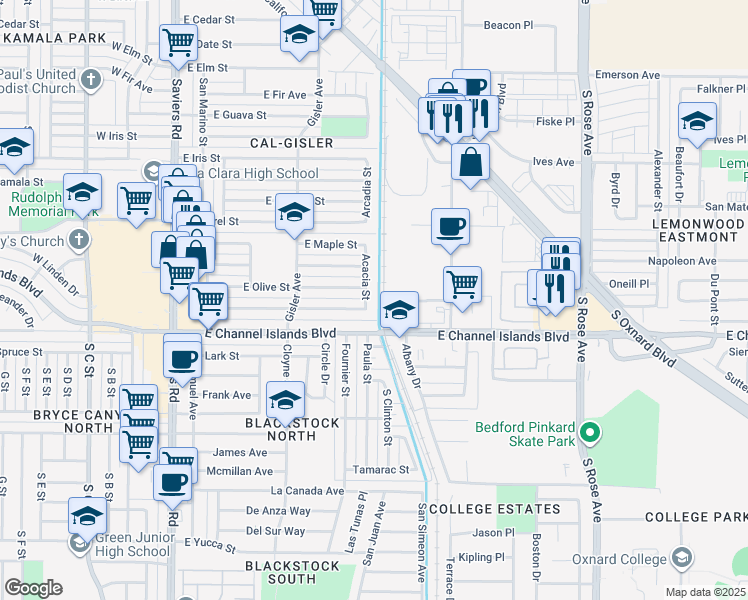 map of restaurants, bars, coffee shops, grocery stores, and more near 2720 Acacia Street in Oxnard