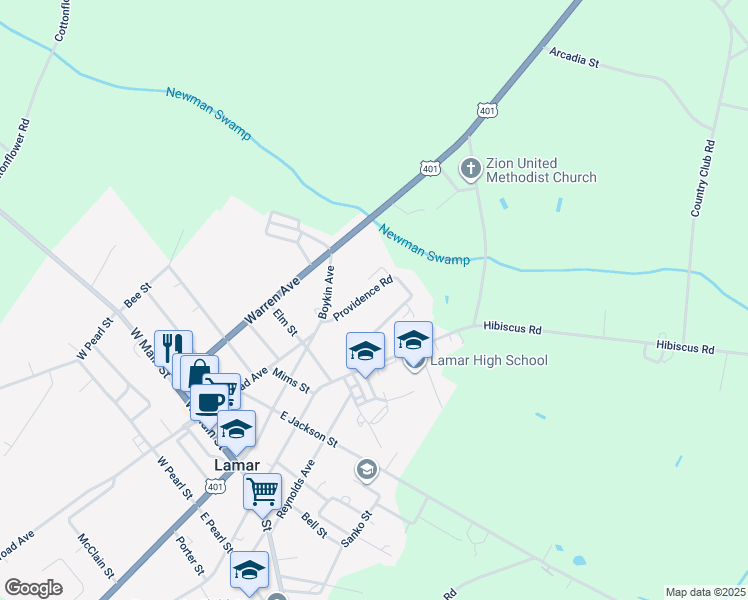 map of restaurants, bars, coffee shops, grocery stores, and more near 106 Providence Road in Lamar