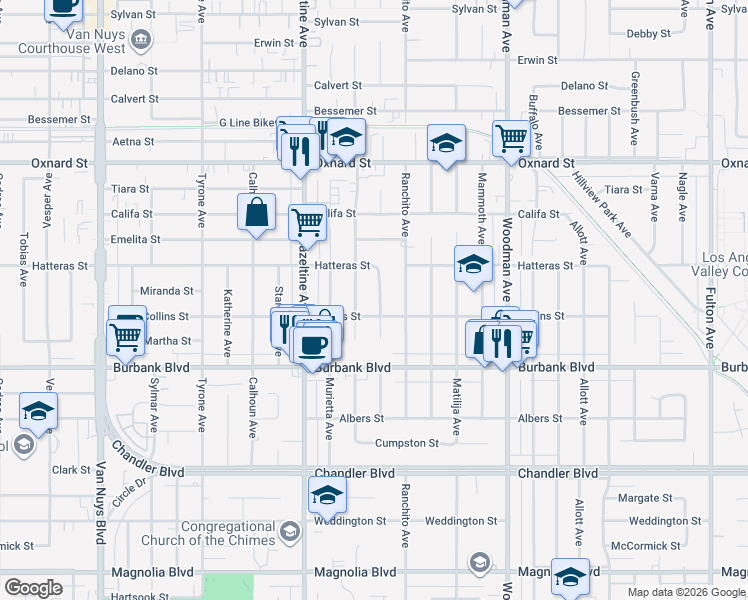 map of restaurants, bars, coffee shops, grocery stores, and more near 5717 Colbath Avenue in Los Angeles