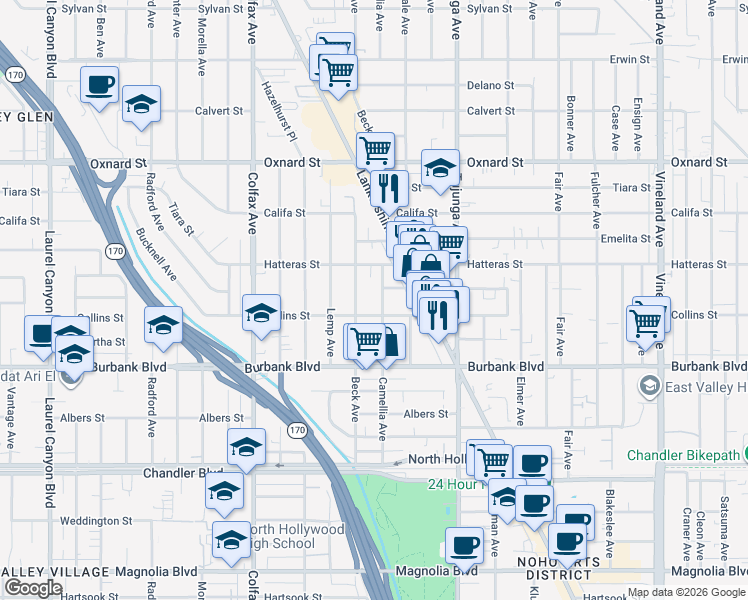 map of restaurants, bars, coffee shops, grocery stores, and more near 5719 Camellia Avenue in Los Angeles