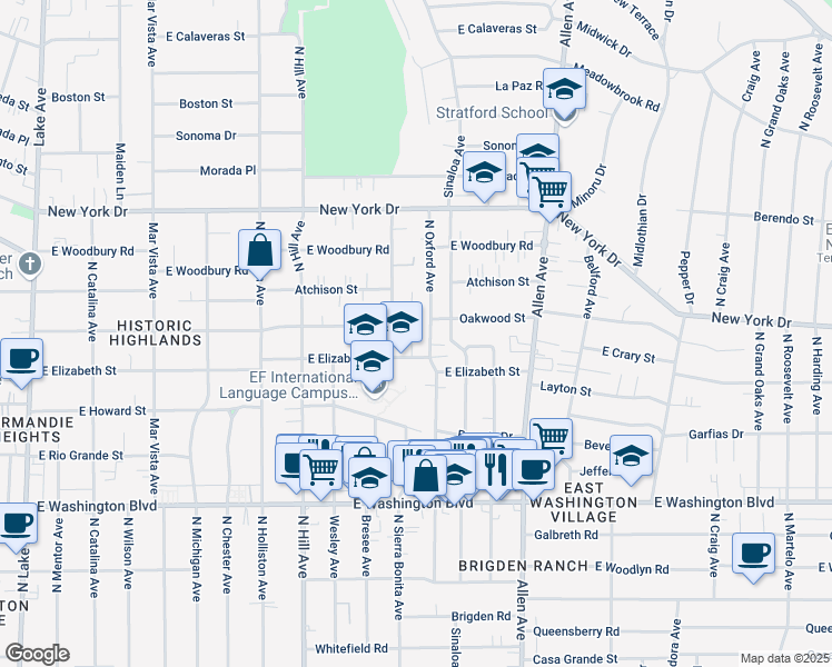 map of restaurants, bars, coffee shops, grocery stores, and more near 1654 University Drive in Pasadena
