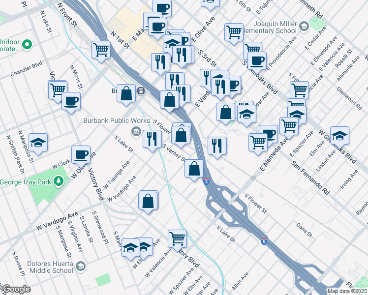 map of restaurants, bars, coffee shops, grocery stores, and more near 505 South Flower Street in Burbank