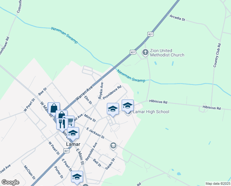 map of restaurants, bars, coffee shops, grocery stores, and more near 106 Providence Road in Lamar