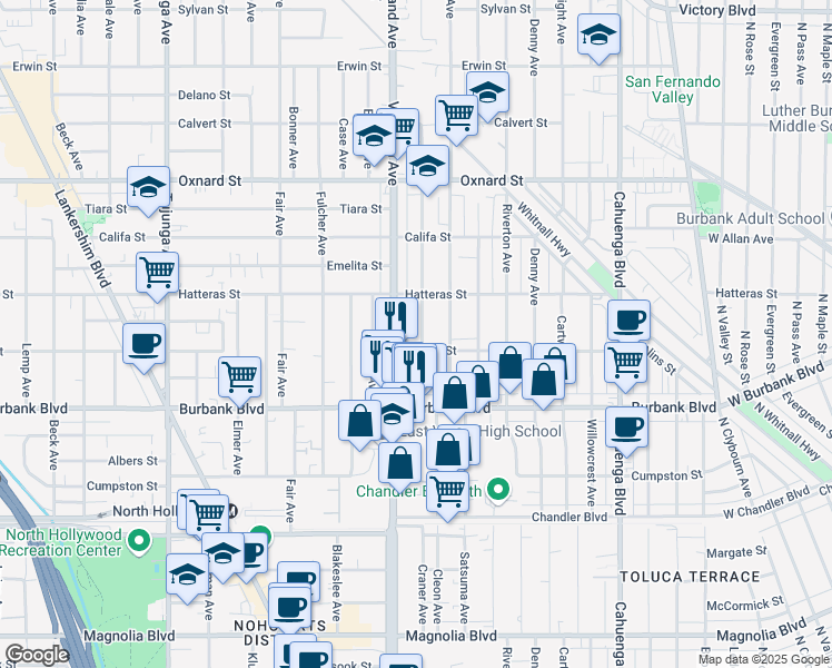 map of restaurants, bars, coffee shops, grocery stores, and more near 5719 Craner Avenue in Los Angeles