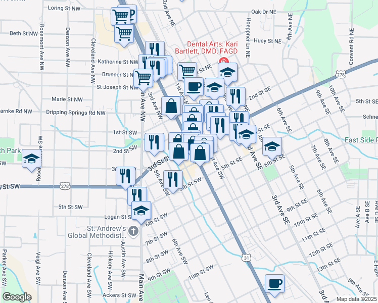 map of restaurants, bars, coffee shops, grocery stores, and more near 301 2nd Avenue Southwest in Cullman
