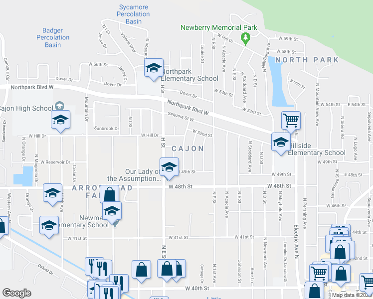 map of restaurants, bars, coffee shops, grocery stores, and more near in San Bernardino County