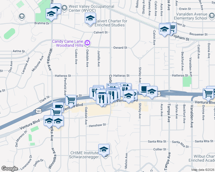 map of restaurants, bars, coffee shops, grocery stores, and more near 5701 Corbin Avenue in Los Angeles