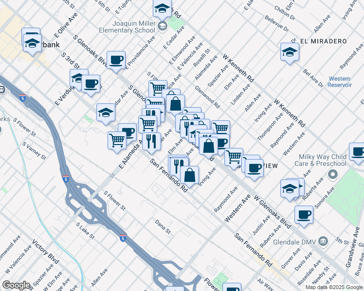 map of restaurants, bars, coffee shops, grocery stores, and more near 1060 Elm Avenue in Glendale
