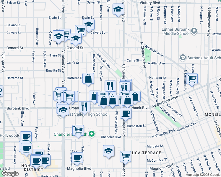 map of restaurants, bars, coffee shops, grocery stores, and more near 5718 Cartwright Avenue in Los Angeles