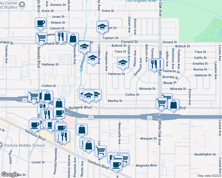 map of restaurants, bars, coffee shops, grocery stores, and more near 5729 Bertrand Avenue in Los Angeles