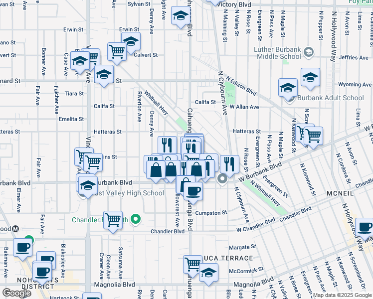 map of restaurants, bars, coffee shops, grocery stores, and more near 5721 Cahuenga Boulevard in Los Angeles