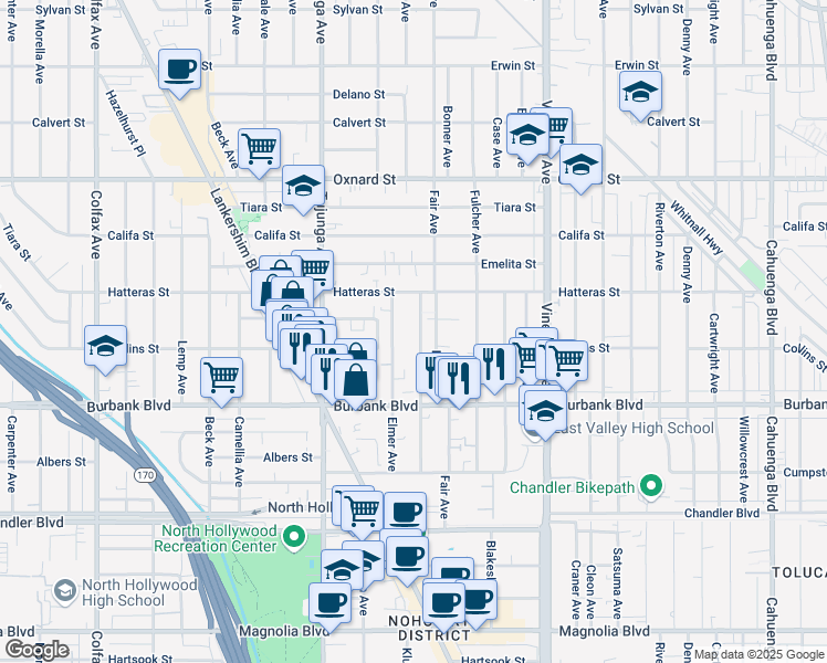 map of restaurants, bars, coffee shops, grocery stores, and more near 5719 Klump Avenue in Los Angeles