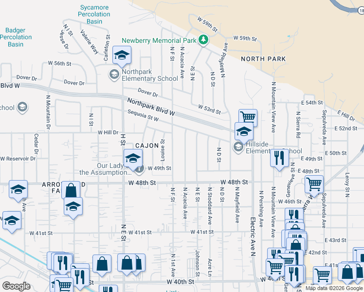 map of restaurants, bars, coffee shops, grocery stores, and more near 4996 North Acacia Avenue in San Bernardino