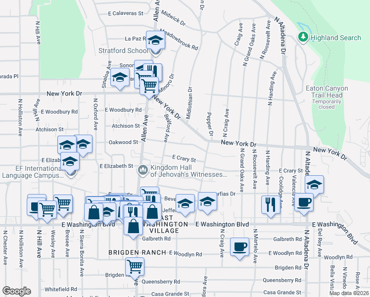 map of restaurants, bars, coffee shops, grocery stores, and more near 2038 Oakwood Street in Pasadena