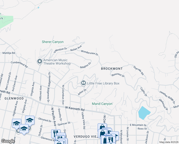 map of restaurants, bars, coffee shops, grocery stores, and more near 137 Wonderview Drive in Glendale