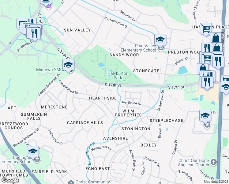 map of restaurants, bars, coffee shops, grocery stores, and more near 4015 Hearthside Drive in Wilmington