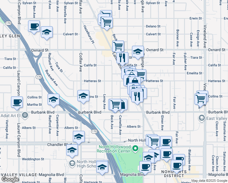 map of restaurants, bars, coffee shops, grocery stores, and more near 5718 Beck Avenue in Los Angeles