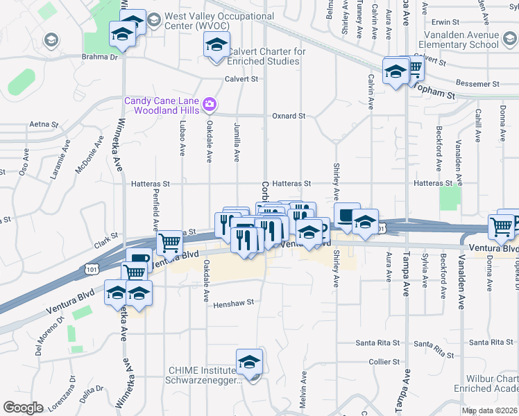 map of restaurants, bars, coffee shops, grocery stores, and more near 5701 Corbin Avenue in Los Angeles