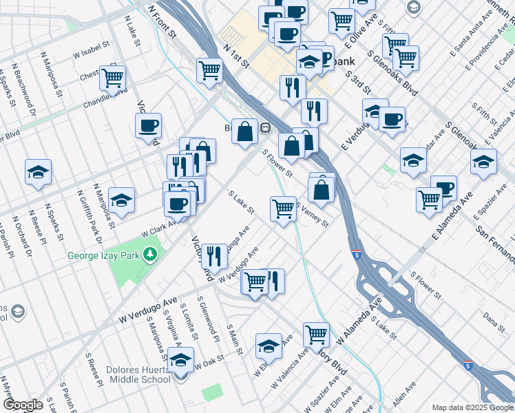 map of restaurants, bars, coffee shops, grocery stores, and more near 300 S Lake St in Burbank