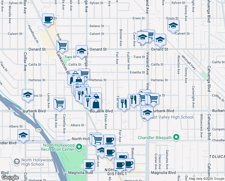 map of restaurants, bars, coffee shops, grocery stores, and more near 5721 Klump Avenue in Los Angeles