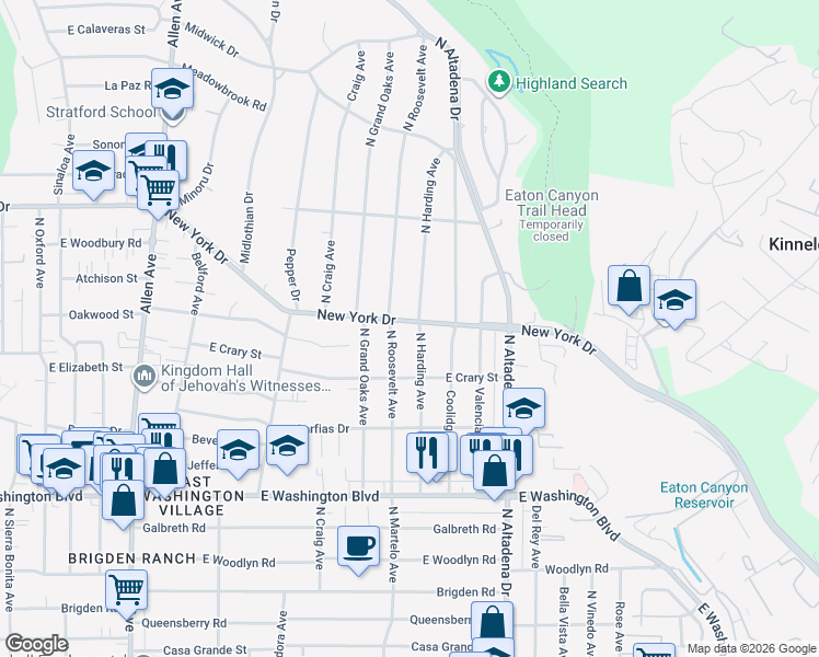 map of restaurants, bars, coffee shops, grocery stores, and more near 2426 New York Drive in Pasadena