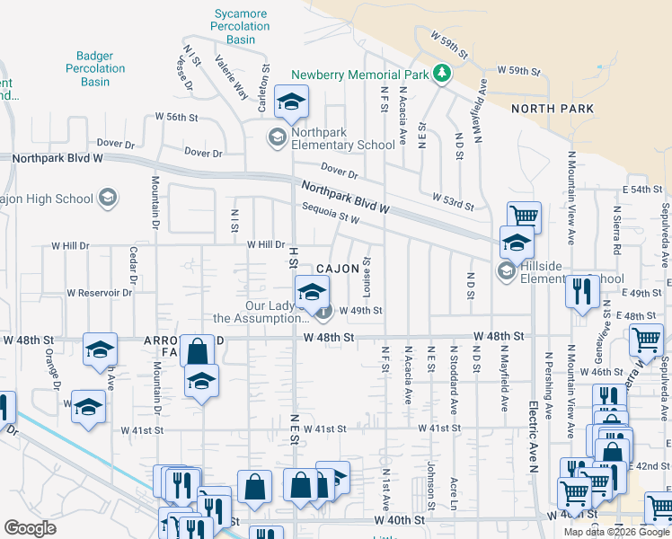 map of restaurants, bars, coffee shops, grocery stores, and more near 5095 North G Street in San Bernardino