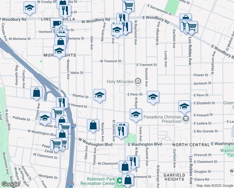 map of restaurants, bars, coffee shops, grocery stores, and more near 1674 El Sereno Avenue in Pasadena