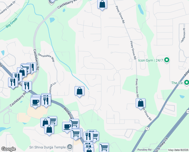 map of restaurants, bars, coffee shops, grocery stores, and more near 6610 Shadwell Court in Cumming