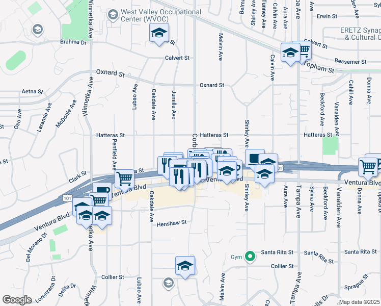 map of restaurants, bars, coffee shops, grocery stores, and more near 5701 Corbin Avenue in Los Angeles