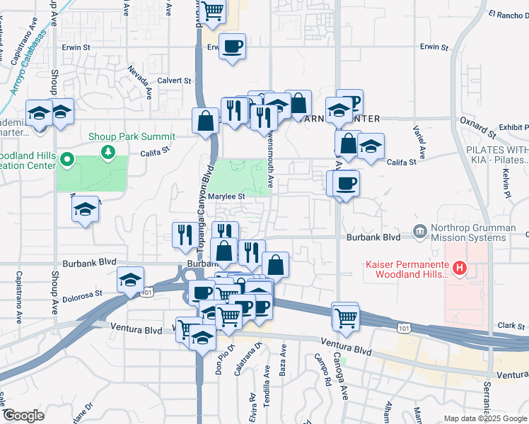 map of restaurants, bars, coffee shops, grocery stores, and more near 5 Owensmouth Avenue in Los Angeles