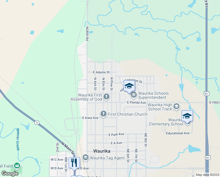 map of restaurants, bars, coffee shops, grocery stores, and more near 1014 North Pine Street in Waurika