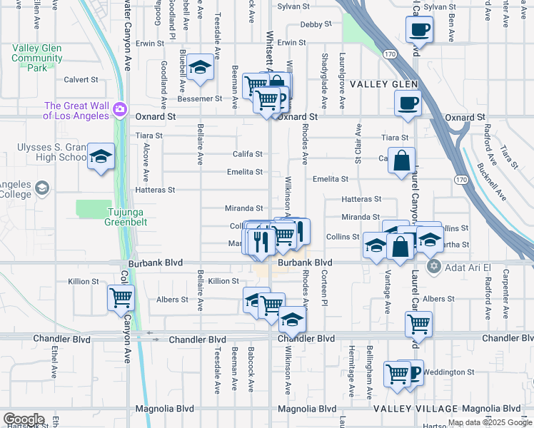 map of restaurants, bars, coffee shops, grocery stores, and more near 5723 Whitsett Avenue in Los Angeles