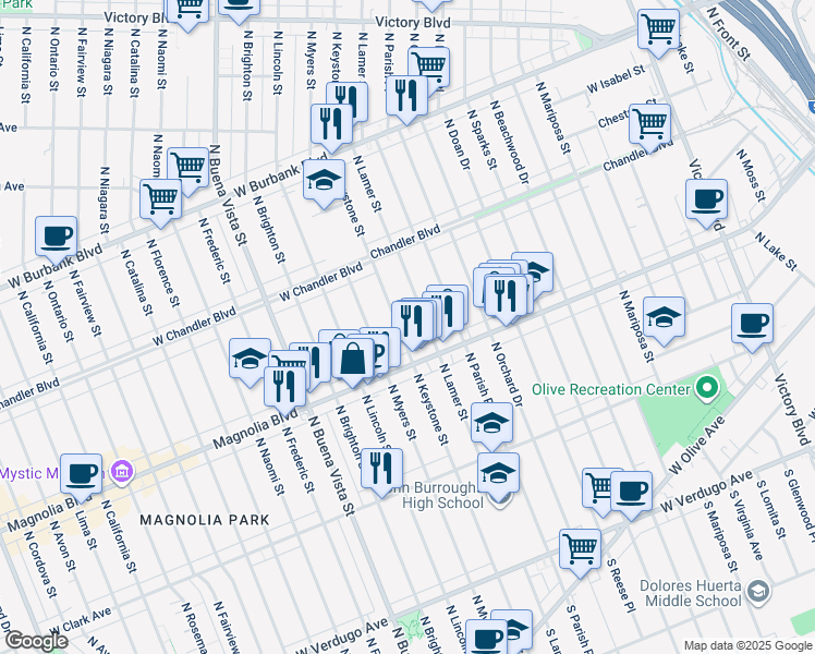 map of restaurants, bars, coffee shops, grocery stores, and more near 627 North Lamer Street in Burbank