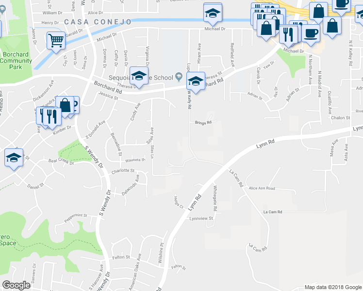 map of restaurants, bars, coffee shops, grocery stores, and more near 2710 West Kelly Road in Thousand Oaks