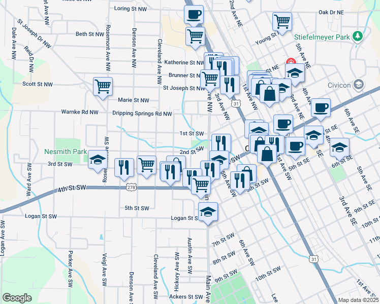 map of restaurants, bars, coffee shops, grocery stores, and more near 2nd Street Southwest in Cullman