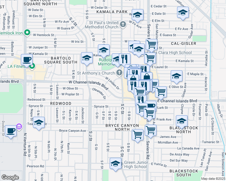 map of restaurants, bars, coffee shops, grocery stores, and more near 505 West Channel Islands Boulevard in Oxnard