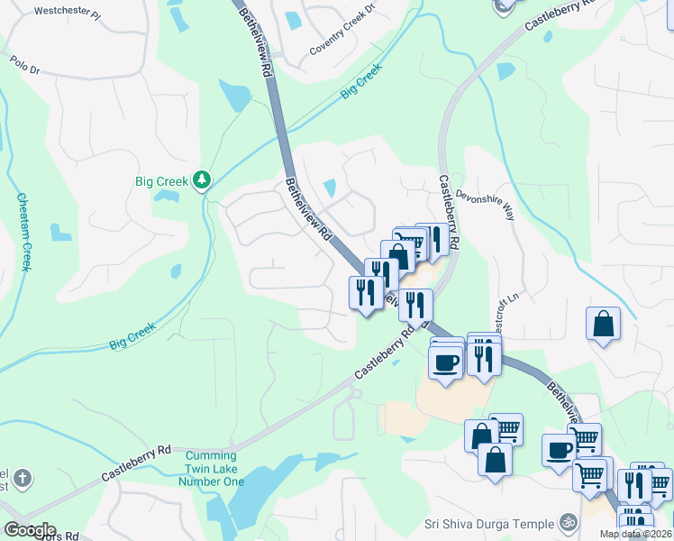 map of restaurants, bars, coffee shops, grocery stores, and more near 5595 Falls Landing Drive in Cumming