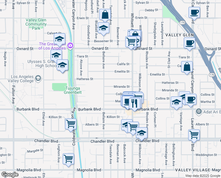 map of restaurants, bars, coffee shops, grocery stores, and more near 12630 Miranda Street in Los Angeles