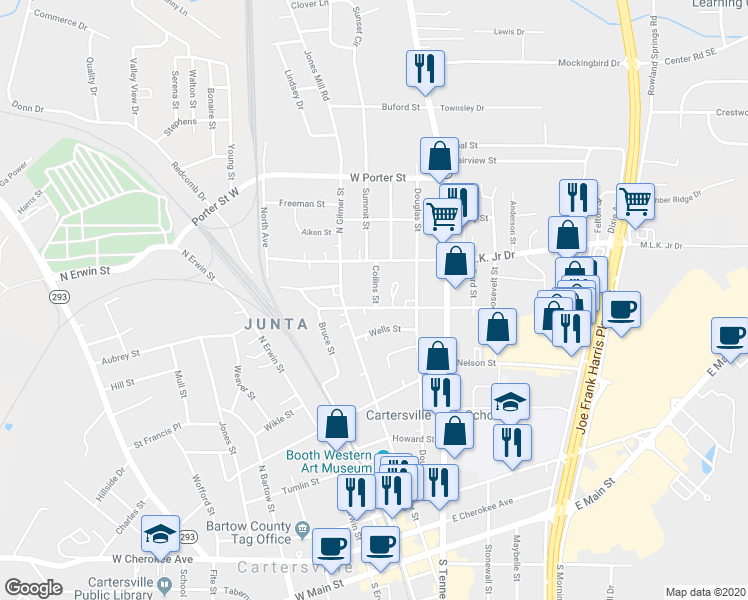 map of restaurants, bars, coffee shops, grocery stores, and more near 4 Collins Street in Cartersville